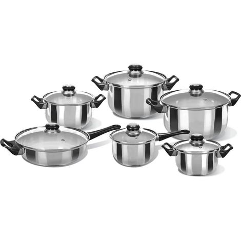 TrAdE Shop Traesio - Batteria Di Pentole 12pz In Acciaio Con Coperchi In Vetro Manici Termoisolanti Per Cucina - (1/2)