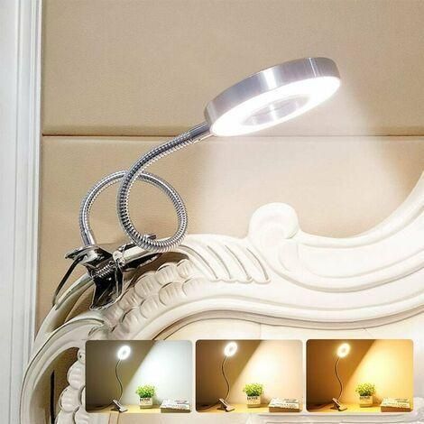 Lampe de bureau 6 W à intensité variable et température de couleur réglable, 3 modes d'éclairage, lampe de chevet USB, lampe à pince, métal argenté, conception à col de cygne (adaptateur non inclus) (1/5)