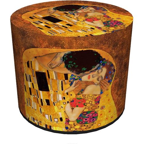 Pouf in velluto, Bertoni, stampa Bacio di Klimt - pouf decorativo rotondo, per soggiorno, cilindro 40 cm, elegante, cerniera (1/5)