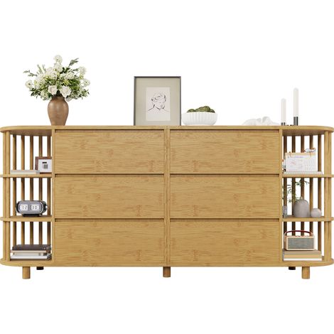 Commode buffet 160 cm décor chêne avec design romain, colonnes et étagères en bambou – 6 tiroirs et étagères ouvertes avec pieds réglables, dimensions : H75 × L160 × P40 cm