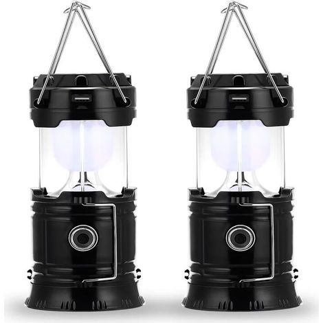Lampe de camping à LED, prise et rechargeable solaire, avec batterie externe, étanche et coupe-vent, pour randonnée, camping, urgence, ouragan, pêche de nuit, IP66 étanche, pack de 2 [Classe énergétiq (1/5)