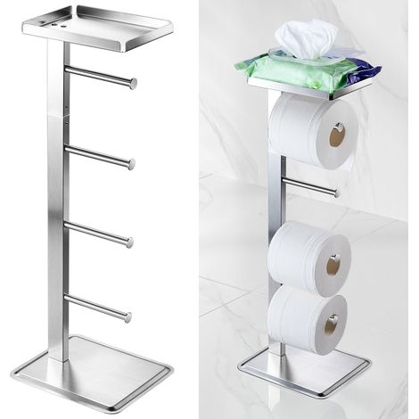 Porte-Papier Toilette sur Pied avec étagère, Rangement Papier Toilette en Acier Inoxydable, Support pour 4 Rouleaux de Rechange, Rangement Papier Toilette pour WC et Salle de Bain, Argent (1/5)