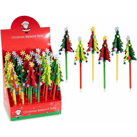 Penne a sfera con albero di Natale in panno, fiocco di neve e campanelle, in espositore da 24 pezzi, set da 24 pezzi, cm 23 H - Inchiostro: nero