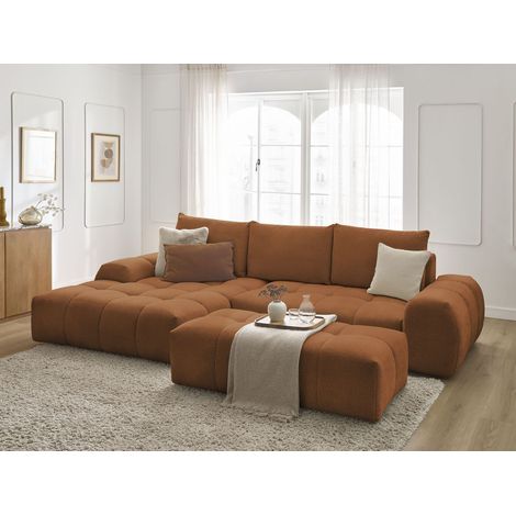 BOBOCHIC - Canapé d'angle convertible coffre EVEREST tissu chiné avec pouf Angle gauche Orange (1/5)