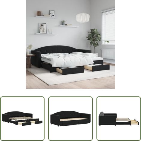 vidaXL Lit gigogne - Lit de jour avec gigogne et tiroirs sans matelas noir 90x200 cm (1/5)