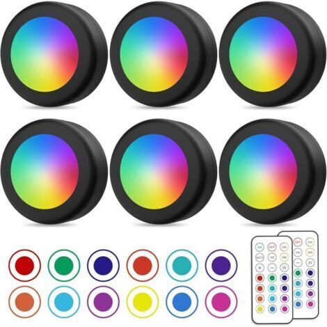 Spot LED Sans Fil, Couleurs Lampe Placard avec Telecommande, Eclairage Batterie Armoire Lumiere Cuisine Sous Meuble, Veilleuse Réglable LED, Lot de 6 (1/4)