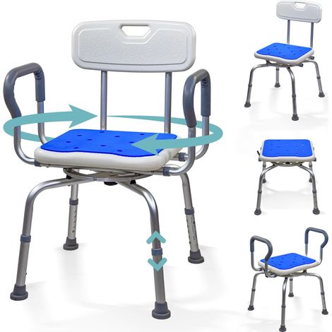 Mobiclinic®, Sedia da Doccia Girevole a 360°, Braccioli e Schienale, Altezza Regolabile, Seduta con Imbottitura in EVA, Terminali Antiscivolo, Alluminio, per Anziani, Mobilità Ridotta, Akila (1/5)