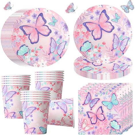 Papillon Vaisselle fête 16 invités Assiettes Vaisselle anniversaire Assiettes carton Gobelets Serviettes Décor anniversaire enfants (1/5)