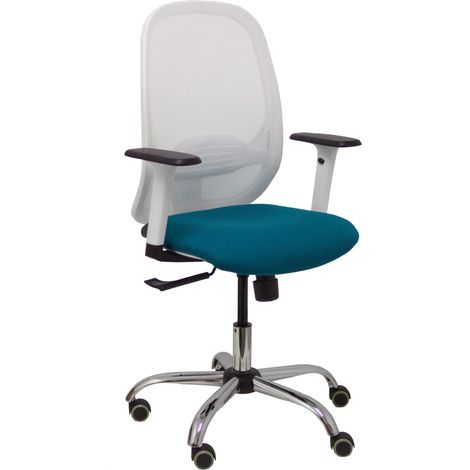 Silla Cilanco blanca malla blanca asiento bali verde petróleo brazo regulable base cromada ruedas de parqué (1/5)