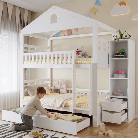 Etagenbett 90 x 200 cm, weißes Kinderbett in Hausform, Doppelstockbett für 2 Kinder mit Leiter, 2 großen Schubladen, seitlichem Aufbewahrungsschrank und Rausfallschutz (1/5)