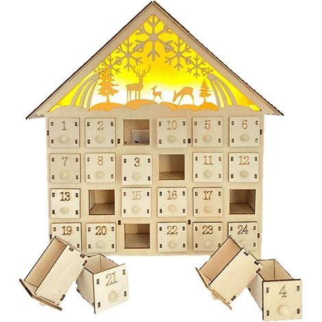 Calendrier de l'Avent en bois avec lumières LED, 24 tiroirs de rangement pour enfants, décoration de Noël, 25,3 x 6 x 29,5 cm