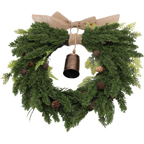 Couronne de Noël faux cèdre 19,7 pouces avec clochette vache rétro champêtre et ruban lin marron déco maison jardin (1/5)