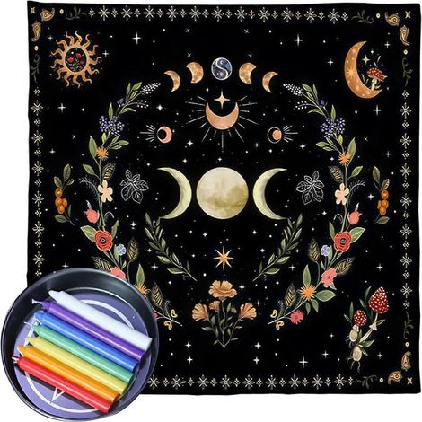 Nappe de table à motifs divinatoires, phases de la lune, fleurs, tarot, astrologie, sorcellerie, décoration, 50 x 50 cm (1/5)