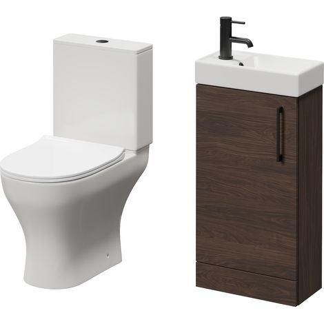 Napoli Cube Brown Oak 400mm Single Door Vanity Unit and Jubilee Toilet Suite with Align Basin - 400mm - Matt Black 160mm Handle
