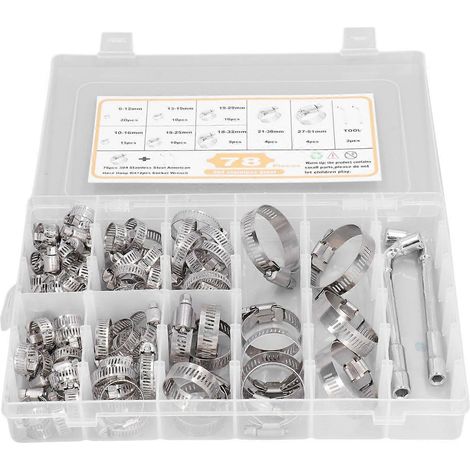 78-teiliges Schlauchschellen-Set (6–51 mm, 8 verschiedene Ausführungen) aus Edelstahl für Rohre und Schläuche