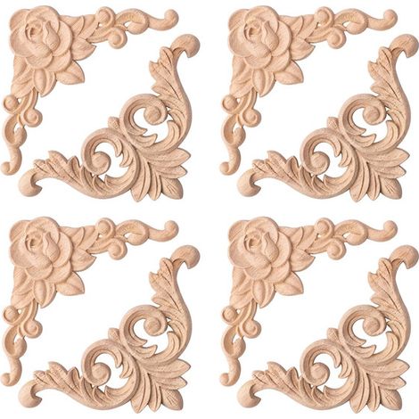 Lot de 8 Appliques de Coin en Bois Sculpté 10x10cm - Moulures Décoratives pour Meubles, Portes, Armoires et Miroirs - Décoration Murale Vintage en Bois Naturel à Peindre (1/5)