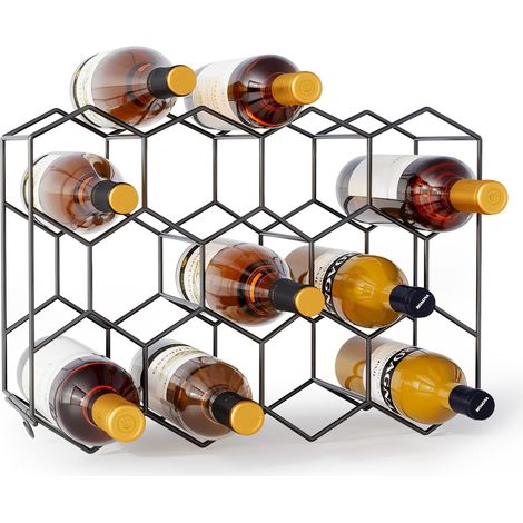 Casier à Vin Métal - 14 Bouteilles et 2 Verres - Design Nid d'Abeille Noir - Range Bouteille Cuisine Bar Cave - 43 x 13,6 x 31 cm (1/5)