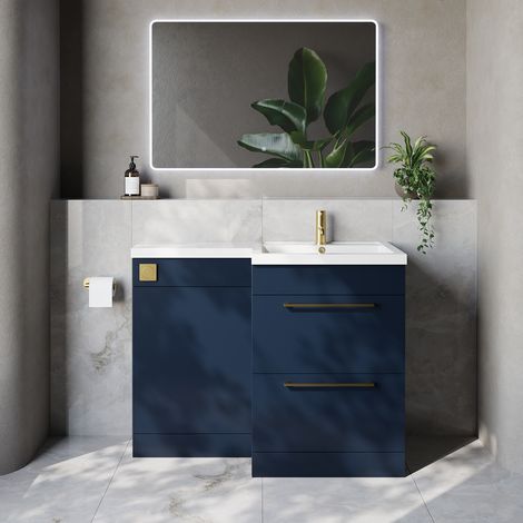 Napoli 460 Deep Blue 1100mm 2 Drawer Vanity Unit Toilet Suite with Right Hand Square Lucia Basin - 1100mm - Brushed Brass 320mm HandleWithout Kingston Toilet Pan