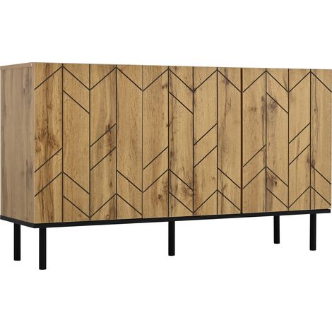 Buffet moderne 120x35x70cm, meuble rangement 3 portes avec casiers, motif ondulé, panneaux de particules résistants, pieds en métal, charge max 50 kg, pour salon, salle à manger, entrée, couleur bois (1/5)