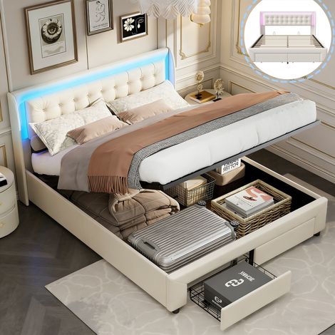 Lit coffre 140x190cm avec 2 tiroirs et lumière LED,Lit Double avec espace de stockage hydraulique et sommier à lattes,Velours,Beige