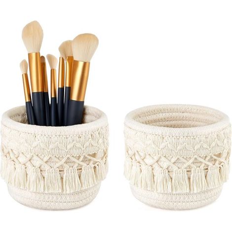 Mini Makramee Kosmetikpinselhalter, Aufbewahrungskorb Set (2er Pack) Boho Dekor, Stiftebox (1/5)