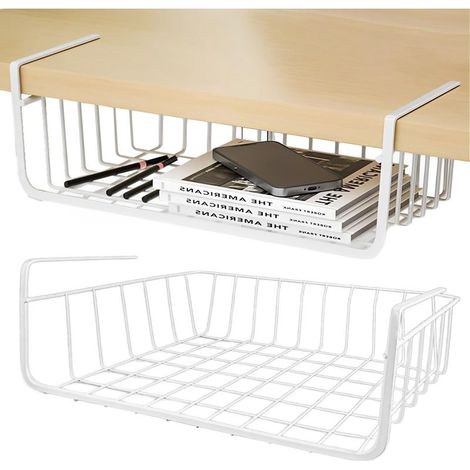 Lot de 2 Panier Suspendu de Rangement Métal Blanc, Organisateur Sous Étagère Sans Perçage, Gain de Place pour Placard de Cuisine, Bureau & Garde-Manger, Support Stable (30cm)
