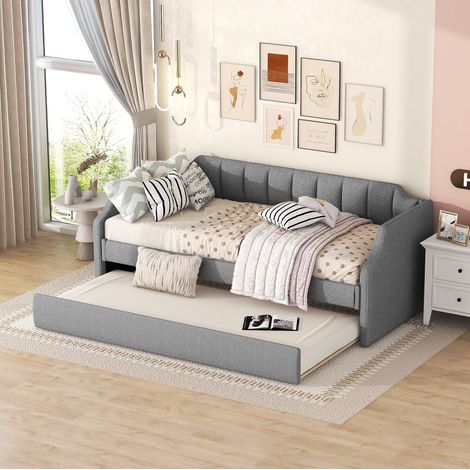 Divano letto con letto estraibile su ruote, rivestimento in misto cotone e lino, grigio, 213x97x81 cm, per ospiti (1/5)