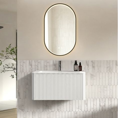 Mobile bagno sospeso con lavabo 81 cm e specchio LED antiappannamento bianco OKMYHOME (1/5)