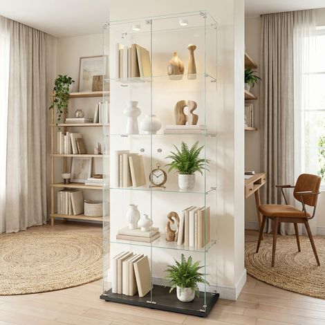 Vitrine collection, vitrine en verre 5 niveaux, LED, vitrine murale, 2 portes, armoire d'exposition moderne, protection anti-poussière, pour salon, étude(Noir, Éclairage à clapet)