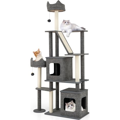 COSTWAY Tiragraffi per Gatto Alto 180 cm, Albero Tiragraffi Gatto con 8 Piattaforme, 4 Pali Sisal e 2 Palline Pompon, Torre Tiragraffi per Gatti con 2 Condomini Rimovibili, Grigio (1/5)