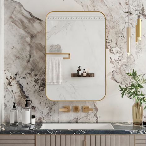 Armoire miroir murale, rangement peu encombrant, installation encastrée ou murale, étagères réglables, verre et métal doré (1/5)