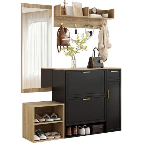 CHICFURN Meuble d'entrée 4 pièces avec meuble à chaussures, banc, penderie murale et miroir, ensemble gain de place pour entrée étroite, naturel et noir (1/5)