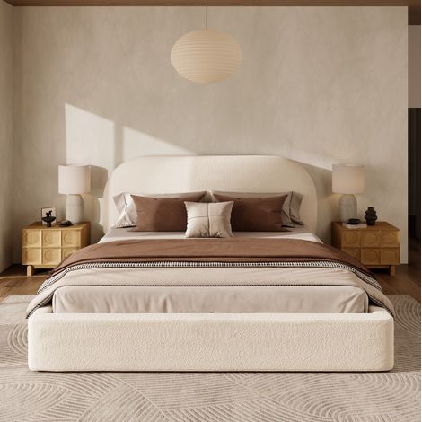 Letto matrimoniale 223x200x98.5 cm, con rete a doghe, testiera imbottita spessa, rivestimento sfoderabile in bouclé beige (1/5)