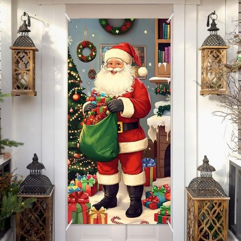 Stickers de porte de Noël, décorations de porte Père Noël, décorations de fête du Nouvel An, décorations de fêtes, banderoles/décorations de porte - 90 x 180 cm (avec trous et ruban) - Lot de 5