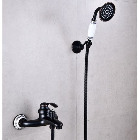 Robinet de Baignoire Rétro avec Douchette Monocommande Mural Laiton Noir pour Salle de Bain Nostalgie - AUTRES (1/4)