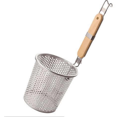 Pastakorb aus Edelstahl mit rutschfestem Holzgriff und Aufhängehaken – 14 cm x 1