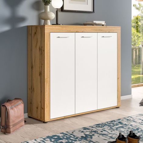 Meubles à chaussures 3 portes 120x37x108 cm blanc décor en chêne - JAMO (1/5)