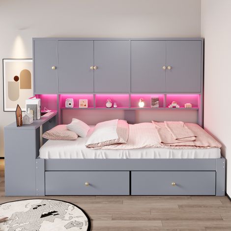 Multifunktionsbett 90x200 cm für kinder und jugendliche mit schreibtisch schränken schubladen led und steckdosen aus mdf holz modern grau - inklusive lattenrost (1/5)