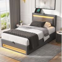 Bett mit Stauraum PU Grau 90x200 cm mit LED-Beleuchtung, USB-Ladefunktion und Lattenrost