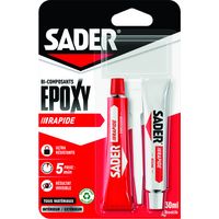 Adhésif époxy bi-composant SADER Epoxy Rapide 2 x 15 ml prise 5 minutes 130 kg/cm²