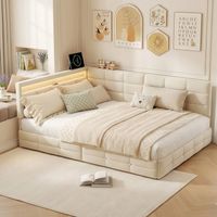 Divano letto matrimoniale 140x190 cm con 2 cassetti e LED - Divano letto imbottito in lino con USB e rete - Per ragazzi e adulti - Beige
