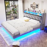 Letto Imbottito 180×200 cm, Letto Matrimoniale con LED, USB, Tipo C, Presa e Mensole, senza Materasso, in Velluto, Grigio Chiaro