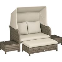 Conjunto de jardim 4 peças: sofá 2 lugares,puff,2 mesas baixas com almofadas em bege e marrom,conforto e elegância ao ar livre