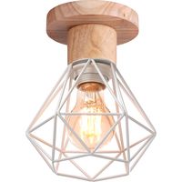 Plafonnier Industrielle Vintage Lampe de Plafond Bois et Métal Luminaire Plafonnier Intérieur Blanc E27 Ø15,5CM - 1Pcs