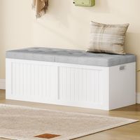 Coffre de Rangement, 109 cm, Banc à Chaussures, avec 2 Charnières de Sécurité, Banc de Rangement, avec Coussin en Lin, pour Couloir, Chambre, Salon, Blanc-Gris