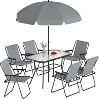 Salon de jardin 8 places avec table en verre trempé, 6 chaises pliantes et parasol, gris