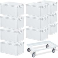 BRB 10 Euroboxen mit Griffleisten, LxBxH 600x400x320 mm, weiß + 1 Transportroller