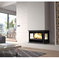 Insert cheminée 3 faces 12,8kW – Foyer vermiculite – Verres sérigraphiés – Raccordement Ø200mm vertical – Tirage optimal 10-12Pa – Fm Biomasa