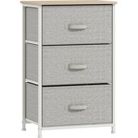 Vertical 3-Tier Linen Drawer Cabinet Organizer Storage Dresser Tower with Metal Frame Adjustable Feet for Living Room, Bathroom, Kitchen, White, Oak and Light Grey