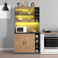 Credenza da cucina in legno, illuminazione a LED, fori per cavi, ripiani regolabili, grande capacità, 100 x 47 x 187 cm, marrone e grigio scuro
